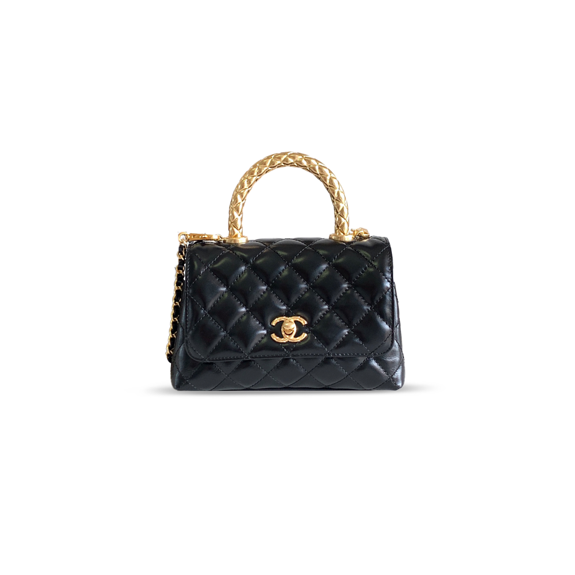 CHANEL MINI FLAP BAG WITH TOP HANDLE CALFSKIN & GOLD METAL BLACK AS2215 (19*13*9cm)